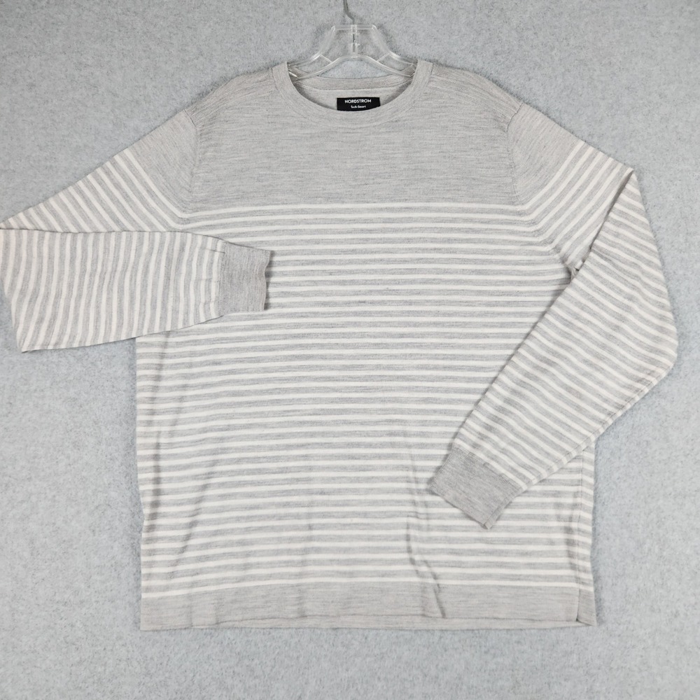 Nordstrom Tech-Smart Sweater‎ Mens XL Gray Merino Wool Striped Knit Long Sleeve